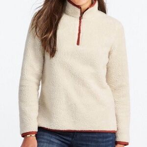 L.L. Bean Signature Cream Sherpa Quarter Zip Pullover With Red Trim